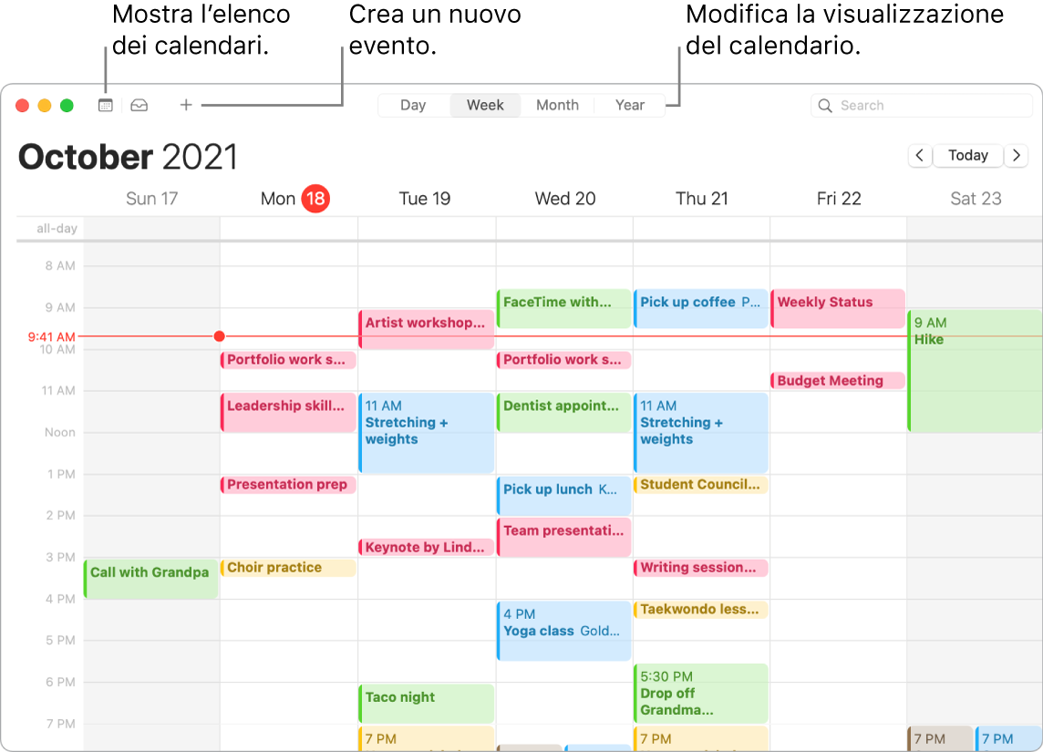 Una finestra di Calendario che mostra come creare un evento, visualizzare l'elenco dei calendari e scegliere la vista Giorno, Settimana, Mese o Anno.