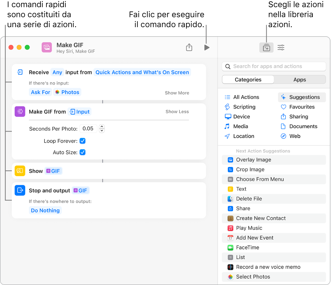 L'editor del comando rapido “Crea GIF” a sinistra e la libreria di azioni a destra.