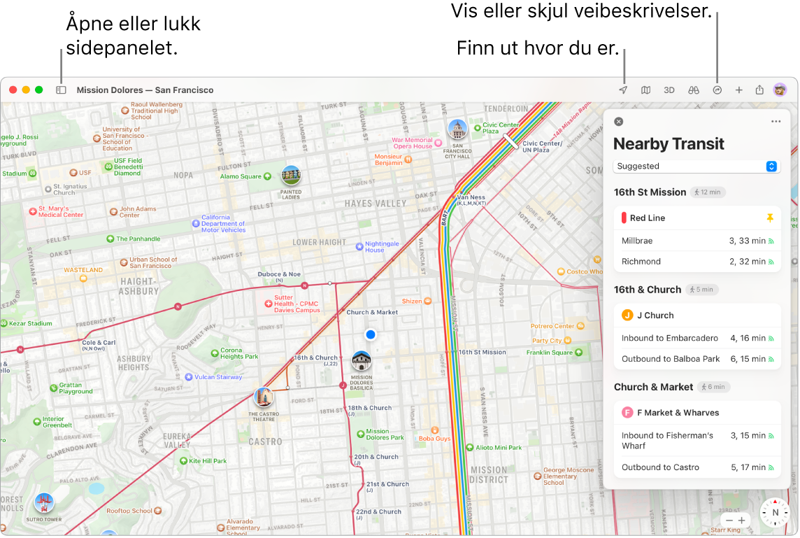 Et Kart-vindu som viser hvordan du kan få veibeskrivelse ved å klikke på en destinasjon i sidepanelet, hvordan du åpner og lukker sidepanelet og hvordan du finner posisjonen din på kartet.