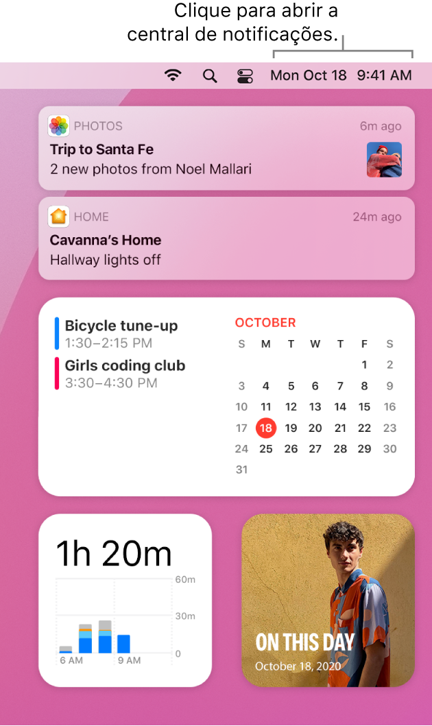 A central de notificações com notificações e widgets para as aplicações Fotografias, Casa, Calendário e Tempo de ecrã.