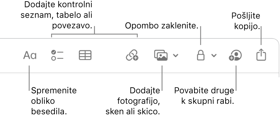 Orodna vrstica Notes z oblački za obliko besedila, kontrolni seznam, tabelo, povezavo, fotografije/medije, zaklenite, delite in pošljite orodja za kopiranje.