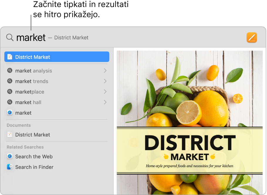 Okno Spotlight s prikazom rezultatov iskanja ne levi strani.