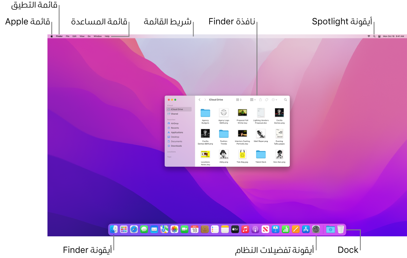 شاشة Mac تعرض قائمة Apple وقائمة المساعدة ونافذة Finder وشريط القائمة وأيقونة Spotlight وأيقونة Finder وأيقونة تفضيلات النظام و Dock.