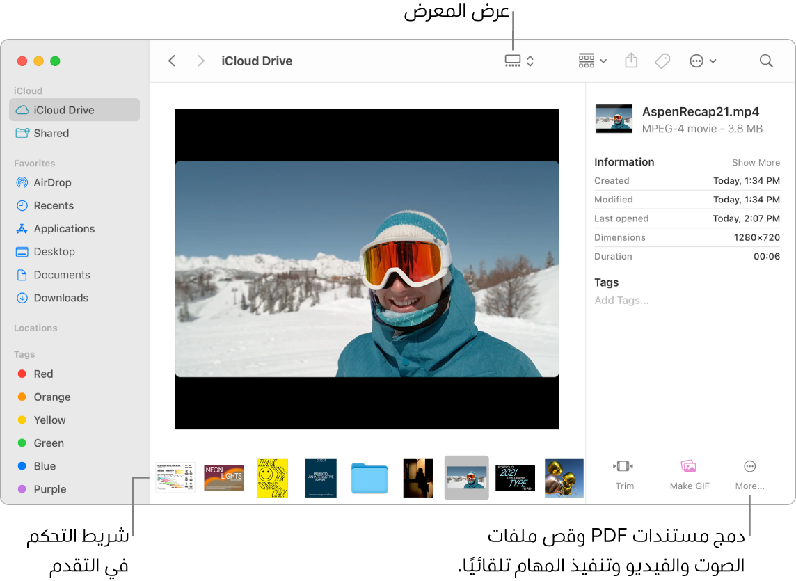 نافذة Finder مفتوحة في عرض المعرض وتظهر فيها صورة كبيرة وأسفلها صف من الصور الصغيرة، وهو شريط التحكم في التقدم. وتظهر على يسار شريط التحكم في التقدم عناصر تحكم للتدوير والتوصيف والمزيد.