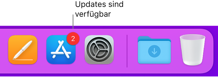 Ein Abschnitt im Dock mit dem App Store-Symbol, das mit einem Kennzeichen versehen ist, das anzeigt, dass Updates verfügbar sind