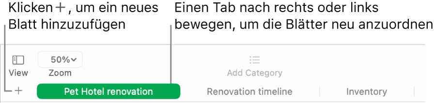 Numbers-Fenster mit Informationen zum Hinzufügen eines neuen Rechenblatts und zum Neuanordnen der Blätter