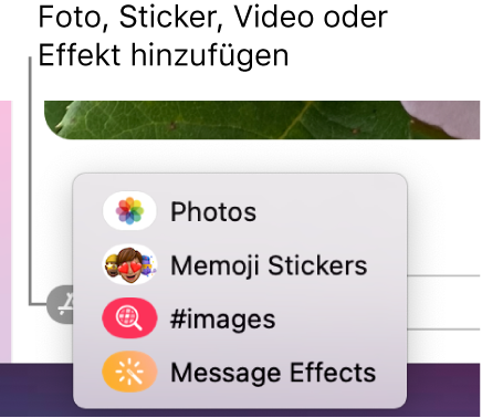 Das Menü „Apps“ mit Optionen um Anzeigen von Fotos, Memoji-Stickern, GIFs und Nachrichteneffekten.