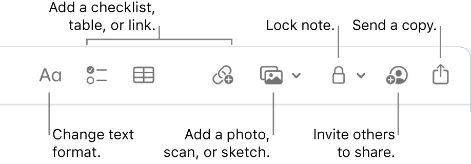 The Notes toolbar with callouts to the text format, checklist, table, link, photos/media, lock, share, and send a copy tools.