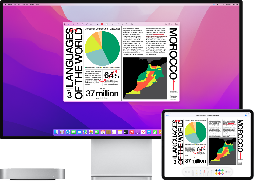 Una Mac Mini y un iPad lado a lado. Ambas pantallas muestran un artículo cubierto de ediciones rojas escritas a mano, como oraciones tachadas, flechas y palabras agregadas. El iPad también tiene controles de marcado en la parte inferior de la pantalla.