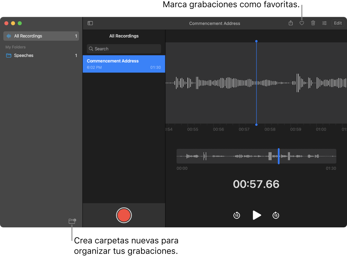 La ventana de Notas de Voz mostrando cómo crear nuevas carpetas o marcar una grabación como favorita.