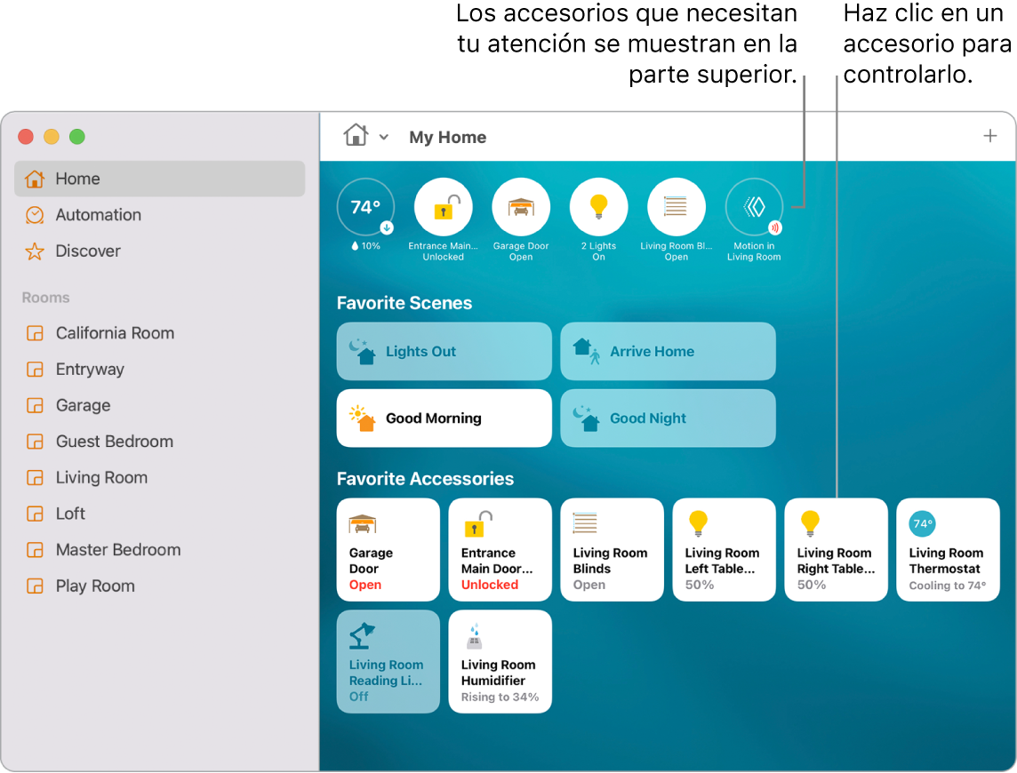 La app Casa con los ambientes y accesorios favoritos del usuario.