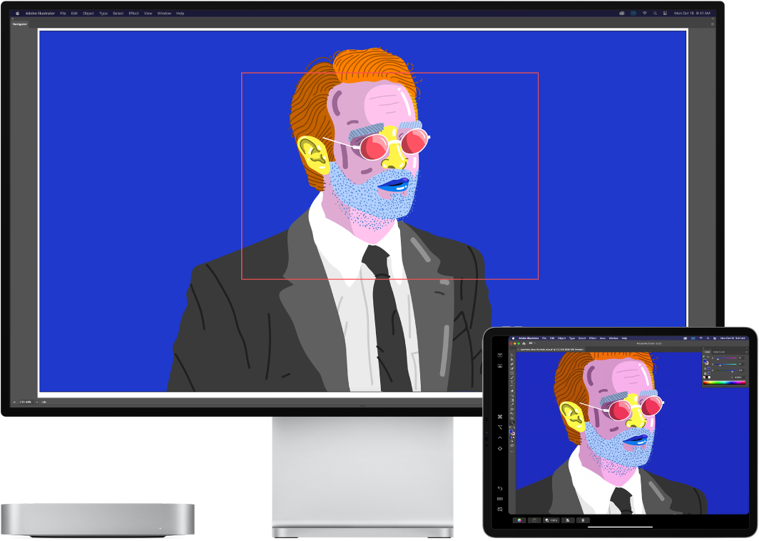 Un Mac mini al lado de un iPad. El Mac mini muestra una ilustración dentro de la ventana de navegación de Illustrator. El iPad muestra la misma ilustración en la ventana de documentos de Illustrator, rodeada de barras de herramientas.