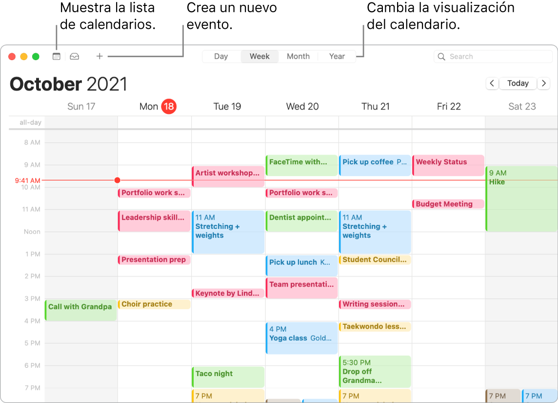 Una ventana de Calendario donde se muestra cómo crear un evento, cómo mostrar la lista de calendarios y cómo seleccionar la vista Día, Semana, Mes o Año.