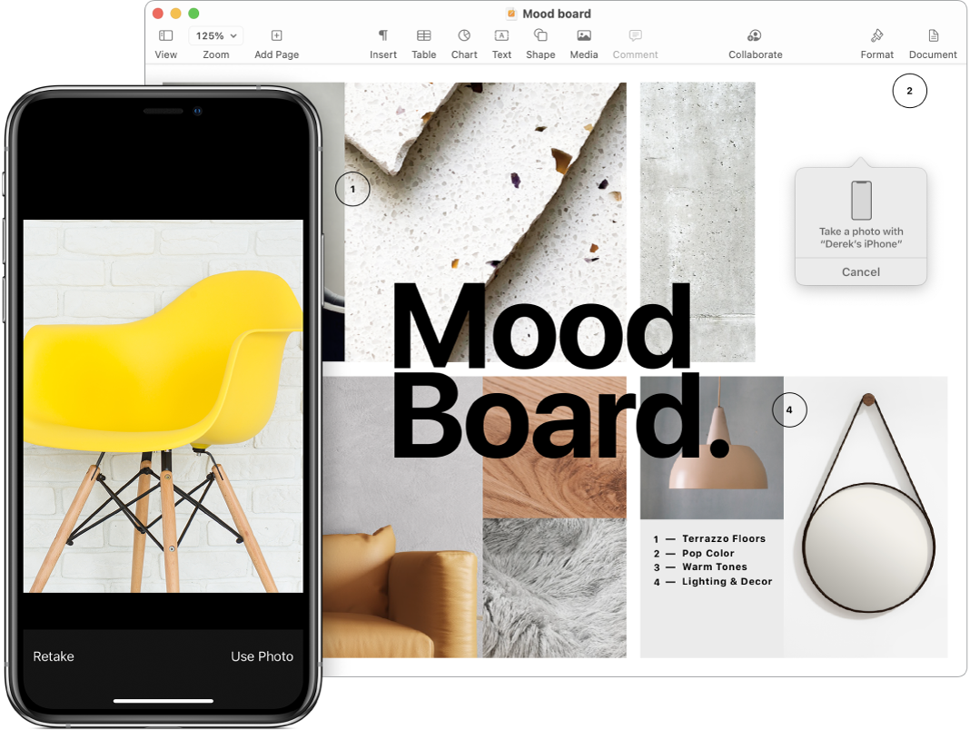 iPhone, jossa näkyy kuva, ja Macin näyttö, jossa näkyy Pages-dokumentti ja kehotelaatikko, johon kuva sijoitetaan.