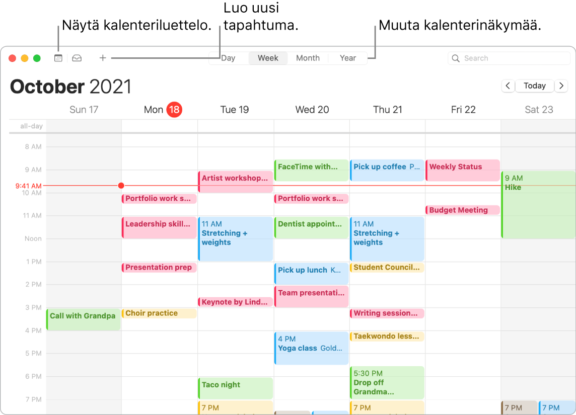 Kalenteri-ikkuna, jossa näytetään, kuinka tapahtuma lisätään, kalenteriluettelo näytetään ja valitaan näkymäksi päivä, viikko, kuukausi tai vuosi.