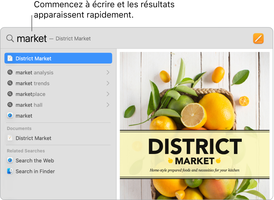 Fenêtre de Spotlight affichant des résultats de recherche sur la gauche.