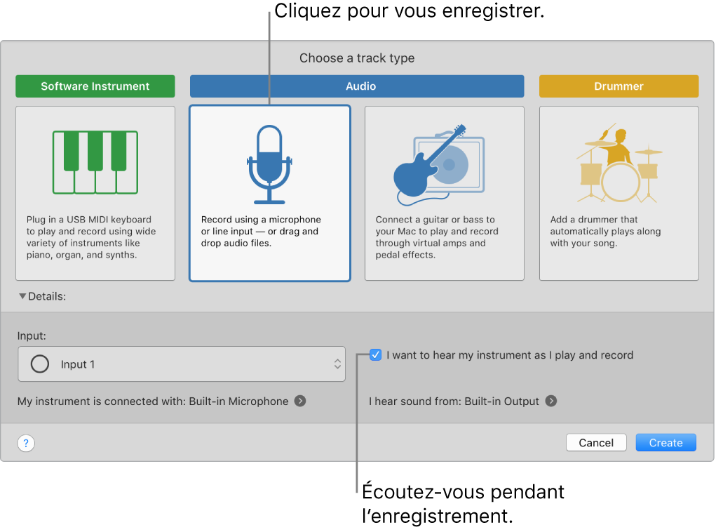 Sous-fenêtre des instruments de GarageBand indiquant où cliquer pour enregistrer la voix et s’écouter au moment de l’enregistrement.