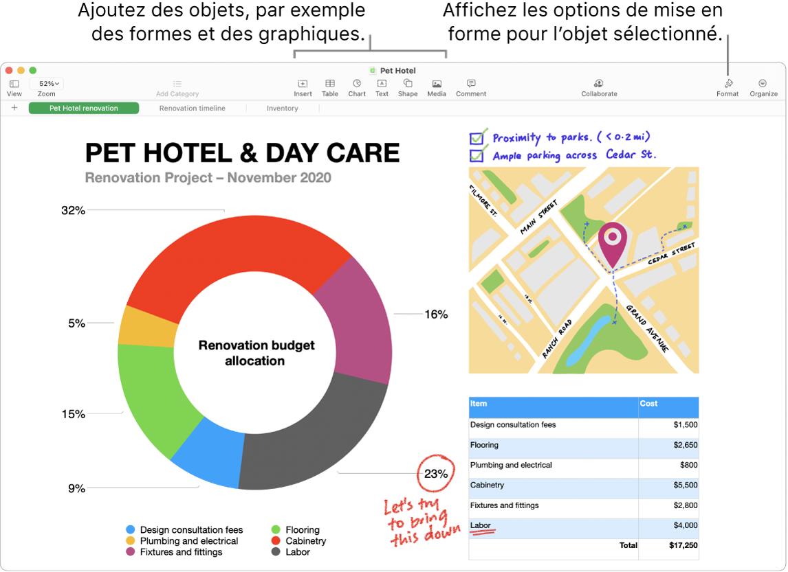 Fenêtre de Numbers avec la barre d’outils et ses outils d’édition en haut, le bouton Collaborer près du haut à droite, et les boutons Format et Organiser à droite. La barre latérale Format est ouverte sur l’onglet Graphiques.