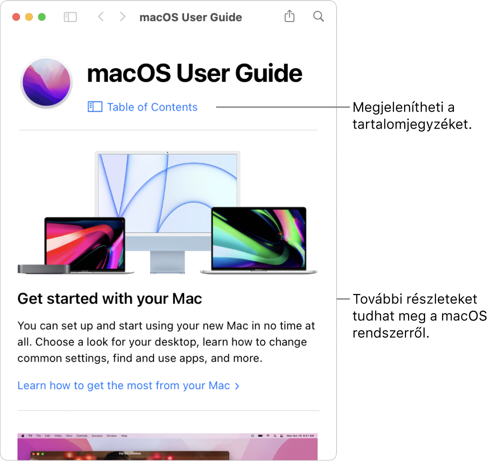 A macOS felhasználói útmutatójának kezdőoldala a Tartalomjegyzék linkkel.