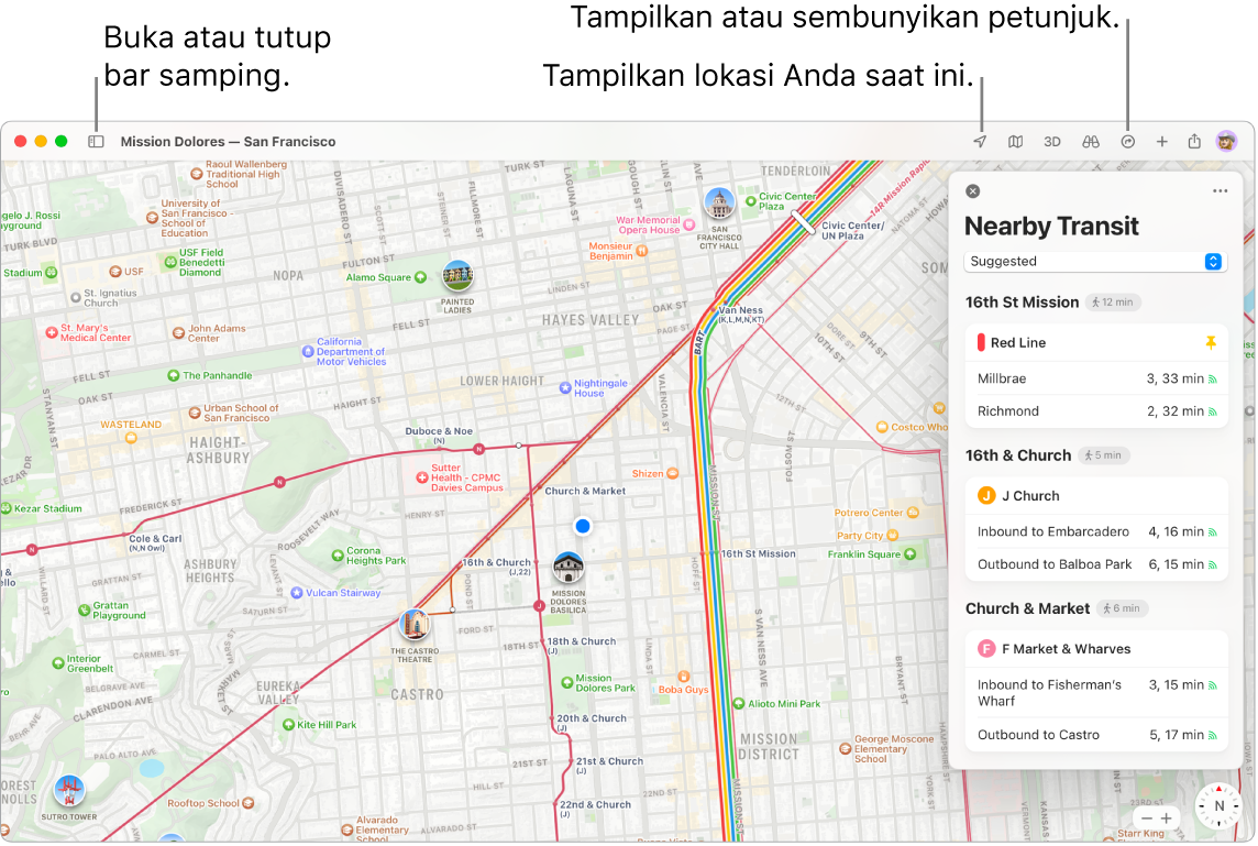 Jendela Peta menampilkan cara mendapatkan petunjuk arah dengan mengeklik tujuan di bar samping, cara membuka atau menutup bar samping, dan cara menemukan lokasi Anda saat ini di peta.