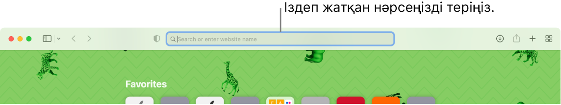 Терезенің жоғарғы жағындағы іздеу өрісіне тілше дерегі бар кесілген Safari терезесі.