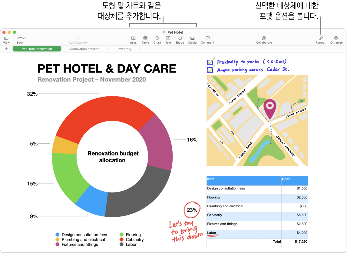 상단에 도구 막대 및 편집 도구, 오른쪽 상단 근처에 공동 작업 버튼, 오른쪽에 포맷 및 구성 버튼이 표시된 Numbers 윈도우. 차트 탭에는 포맷 사이드바가 열려 있음.