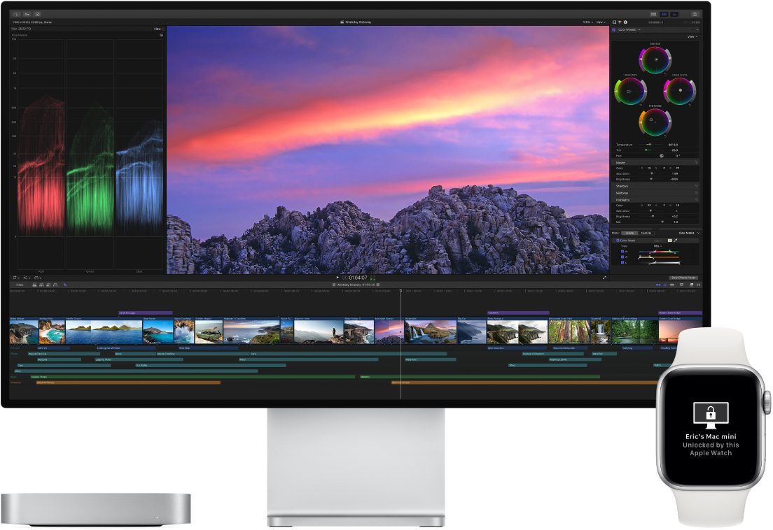 Mac mini dators un tā monitors blakus Apple Watch pulkstenim, kurā redzams ziņojums, ka Mac dators ir atbloķēts ar pulksteni.