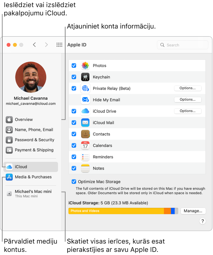 Apple ID rūts izvēlnē System Preferences. Noklikšķiniet uz elementa sānu joslā, lai atjauninātu savu konta informāciju, ieslēgtu vai izslēgtu pakalpojumu iCloud, pārvaldītu mediju kontus un skatītu visas ierīces, kurās esat pierakstījies ar savu Apple ID.