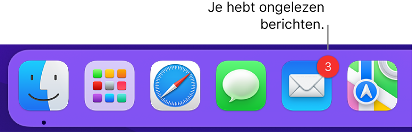 Een gedeelte van het Dock met daarin het appsymbool van Mail, met een badge die ongelezen berichten aangeeft.