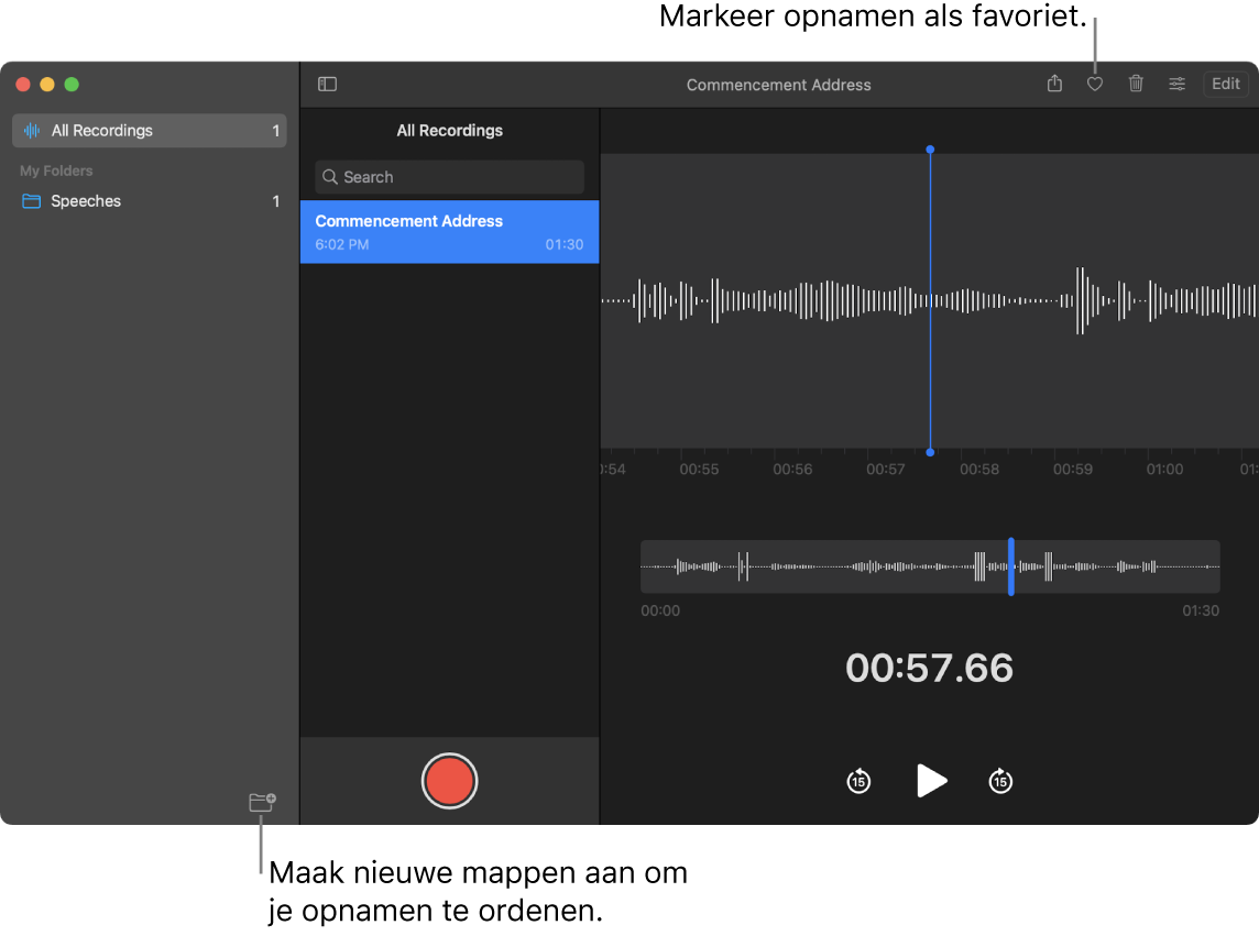 Het Dictafoon-venster met informatie over hoe je nieuwe mappen aanmaakt of een opname als favoriet markeert.