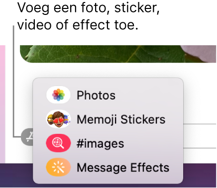 Het Apps-menu met opties voor het tonen van foto's, memoji-stickers, GIF's en berichteffecten.