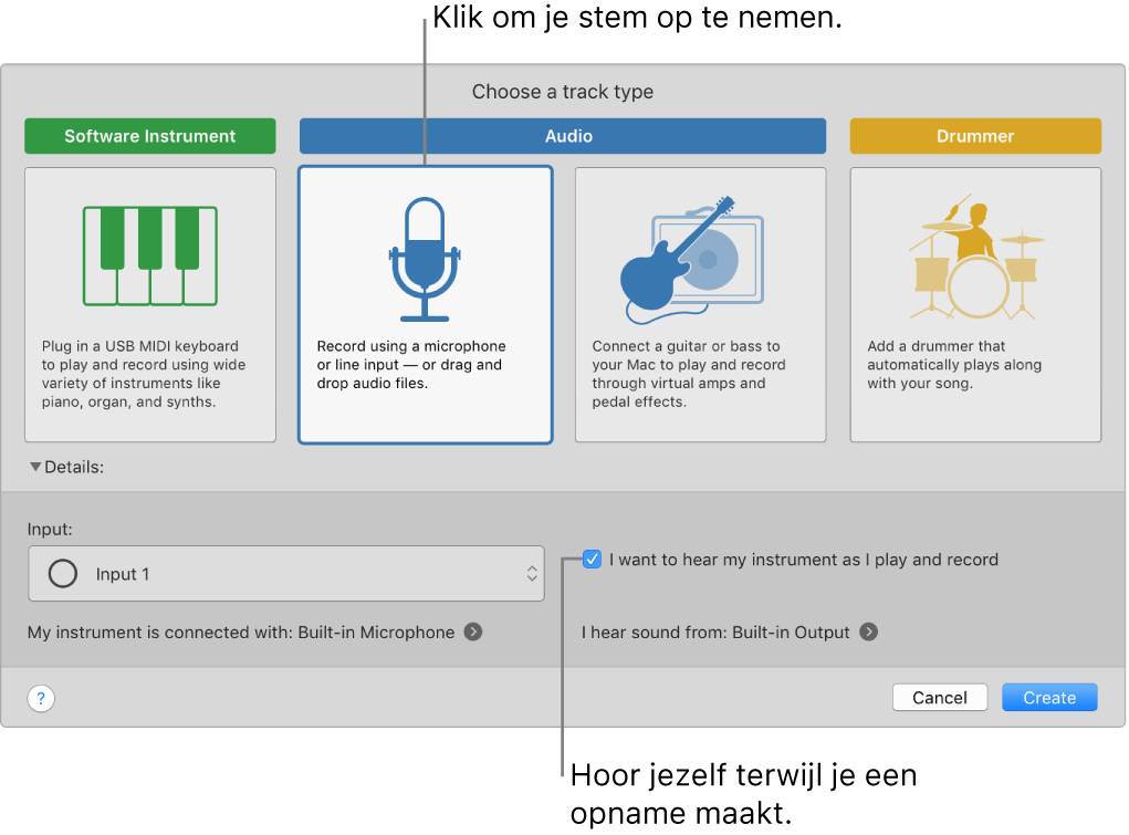 Het paneel met instrumenten van GarageBand waarin je ziet waar je moet klikken om een stem op te nemen en hoe je jezelf kunt horen wanneer je een opname maakt.