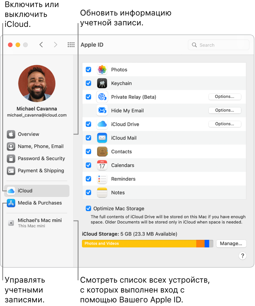Панель Apple ID в Системных настройках. Нажмите объект в боковом меню, чтобы обновить сведения учетной записи, включить или выключить iCloud, проверить настройки учетных записей для мультимедиа, а также посмотреть, на каких устройствах выполнен вход с тем же Apple ID.