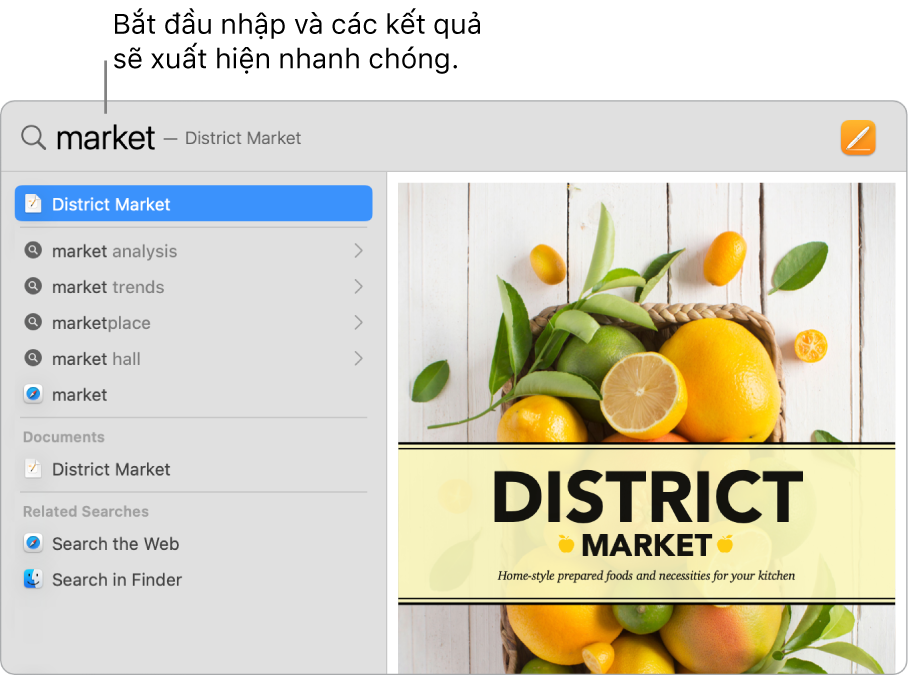 Cửa sổ Spotlight đang hiển thị các kết quả tìm kiếm ở bên trái.
