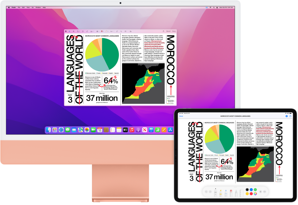 كمبيوتر iMac وجهاز iPad جنبًا إلى جنب. تعرض كلتا الشاشتين مقالة مغطاة بتعديلات حمراء مخربشة، مثل جمل متداخلة وأسهم وكلمات مضافة. يحتوي الـ iPad أيضًا على عناصر تحكم في التوصيف في أسفل الشاشة.