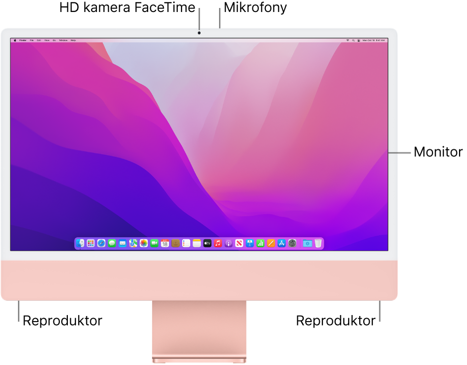 Pohled na přední stranu iMacu s displejem, kamerou, mikrofony a reproduktory