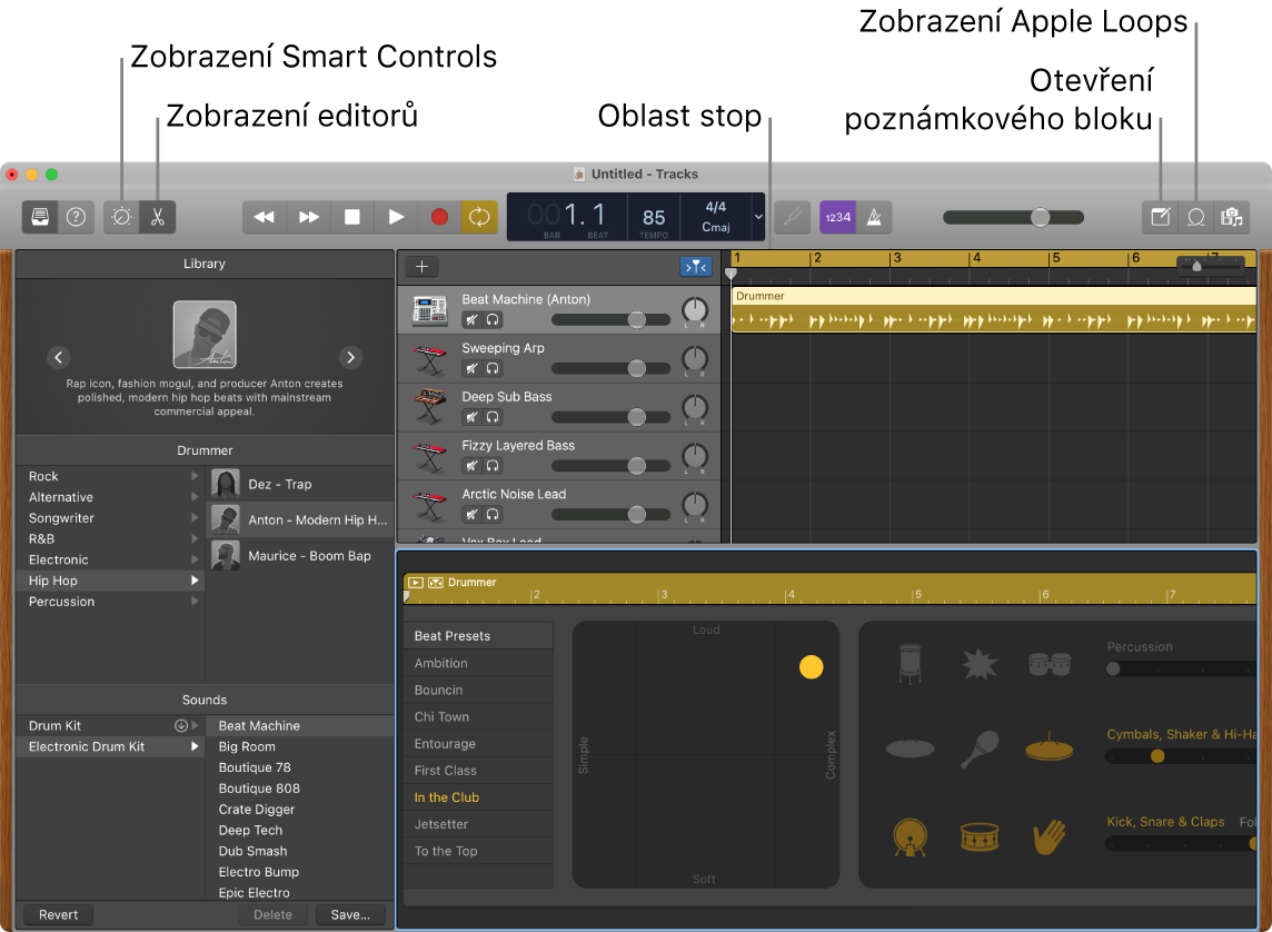 Okno GarageBandu s popisky tlačítek pro přístup k ovládacím prvkům Smart Controls, editorům, poznámkám a smyčkám Apple Loops. Jsou zde také vidět jednotlivé stopy skladby