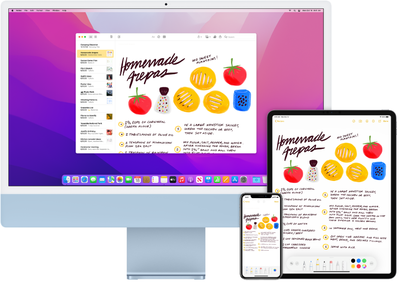A shopping list in the Notes app shown on the iMac, iPhone, and iPad.