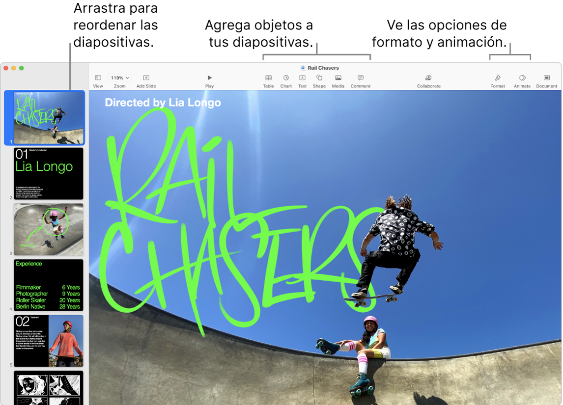 Una ventana de Keynote mostrando el navegador de positivas a la izquierda y cómo se reorganizan las diapositivas; la barra de herramientas y sus herramientas de edición está en la parte superior, el botón Colaborar se encuentra cerca de la esquina superior derecha, y los botones Formato, Animar y Documento se encuentran en el lado derecho.