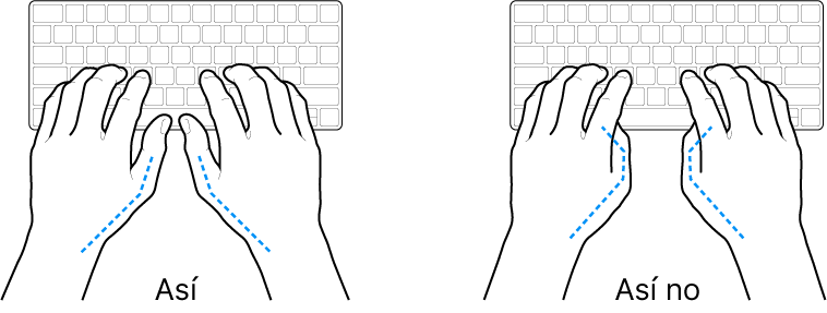 Manos colocadas sobre un teclado que muestran una posición correcta e incorrecta de los pulgares.