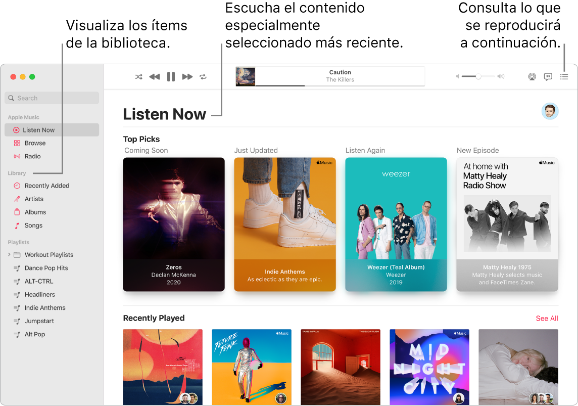 Una ventana de la app Música donde se muestra cómo ver tu biblioteca, escuchar Apple Music y ver qué se reproducirá a continuación.