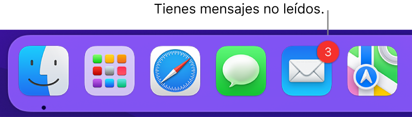 Sección del Dock donde se muestra el icono de la app Mail con un indicador que señala los mensajes no leídos.