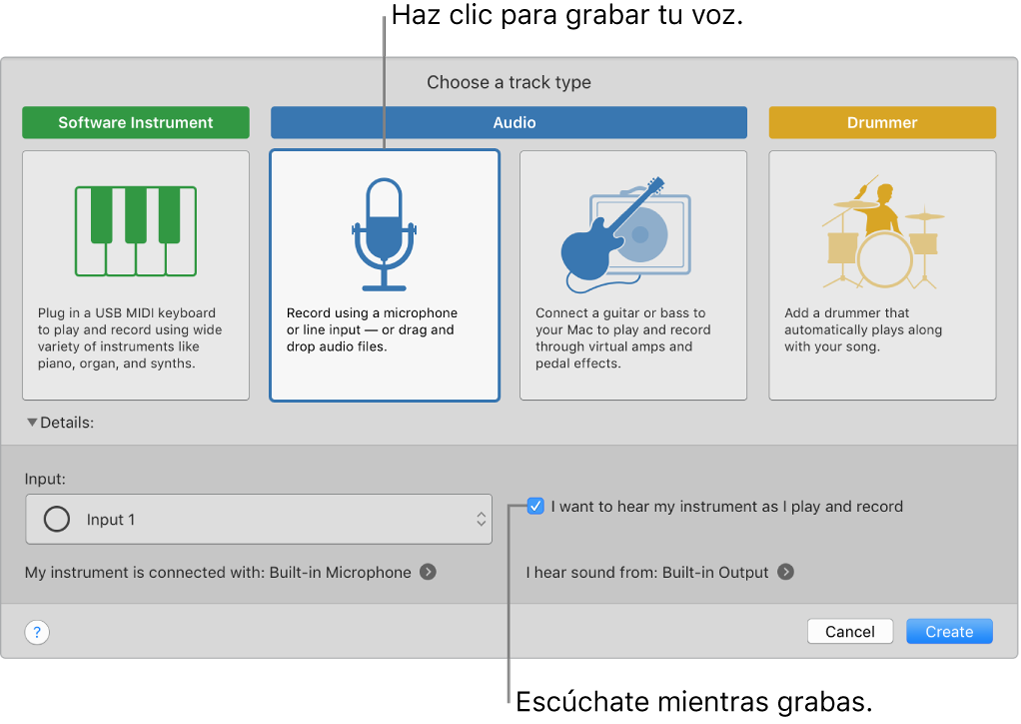 El panel de instrumentos de GarageBand donde se muestra dónde hacer clic para grabar una voz y cómo escucharse a sí mismo mientras graba.