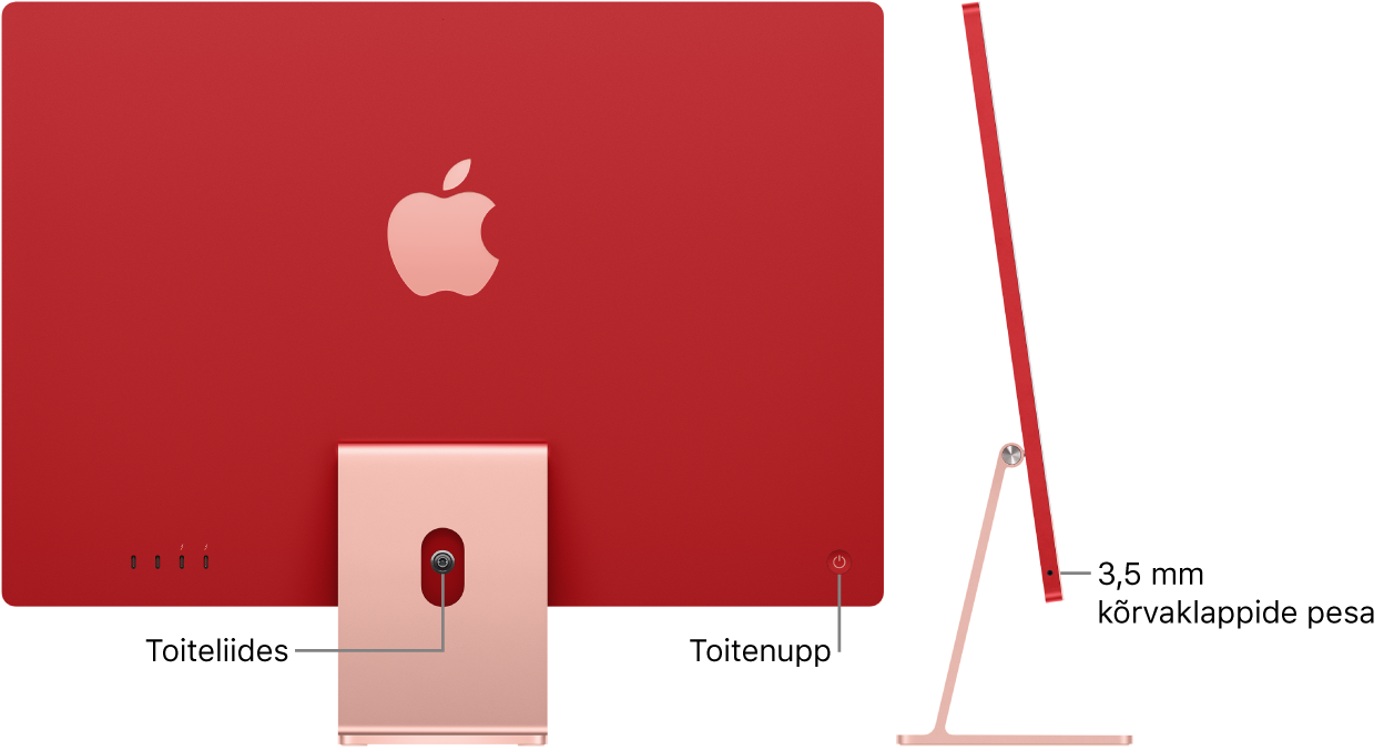 iMaci tagantvaade, kus on näha toiteliides ja toitenupp. Selle kõrval on küljevaade, millel on näha kõrvaklappide pesa.