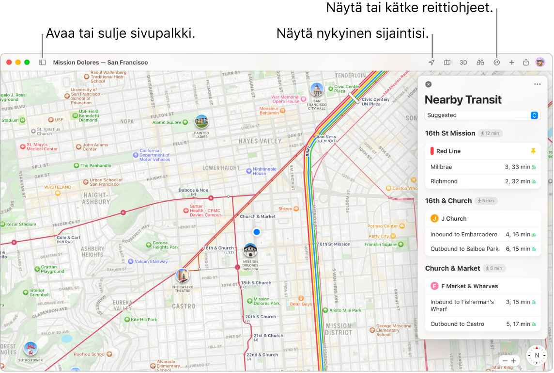 Kartat-ikkuna, jossa näkyy, kuinka reittiohjeita haetaan klikkaamalla kohdetta sivupalkissa, kuinka sivupalkki avataan ja suljetaan ja kuinka löydät nykyisen sijaintisi kartalta.