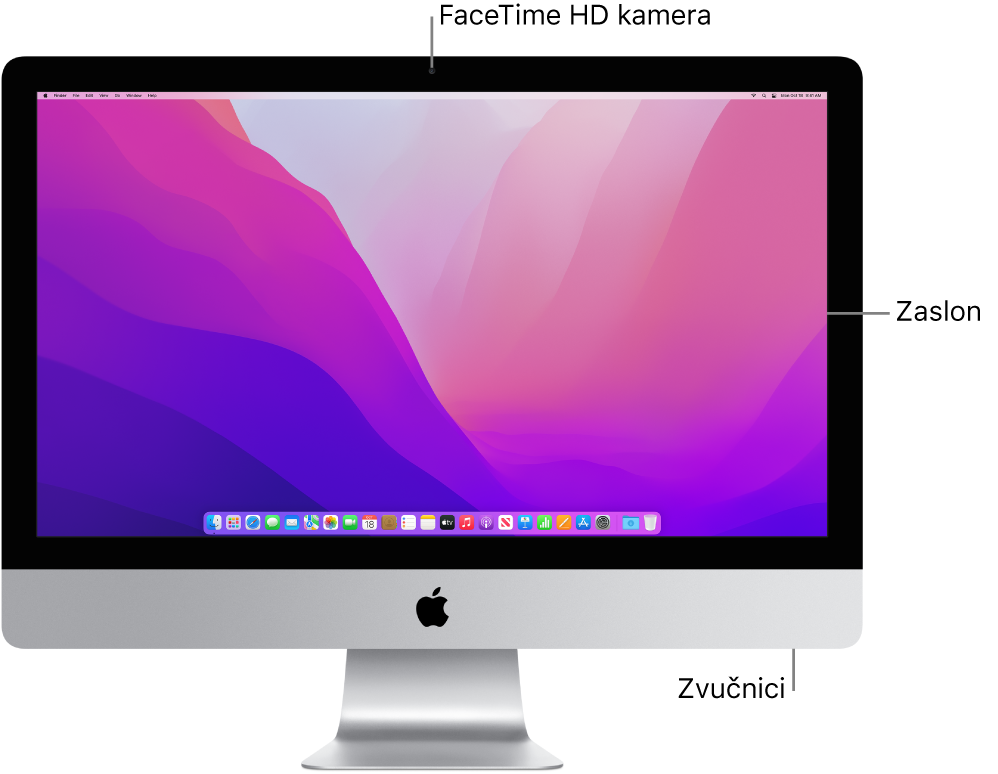 Prednja strana iMac računala sa zaslonom, kamerom i zvučnicima.