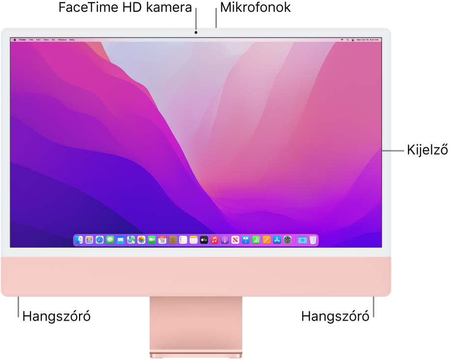 Az iMac elölnézete, amelyen a kijelző, a kamera, a mikrofonok és a hangszóró látható.