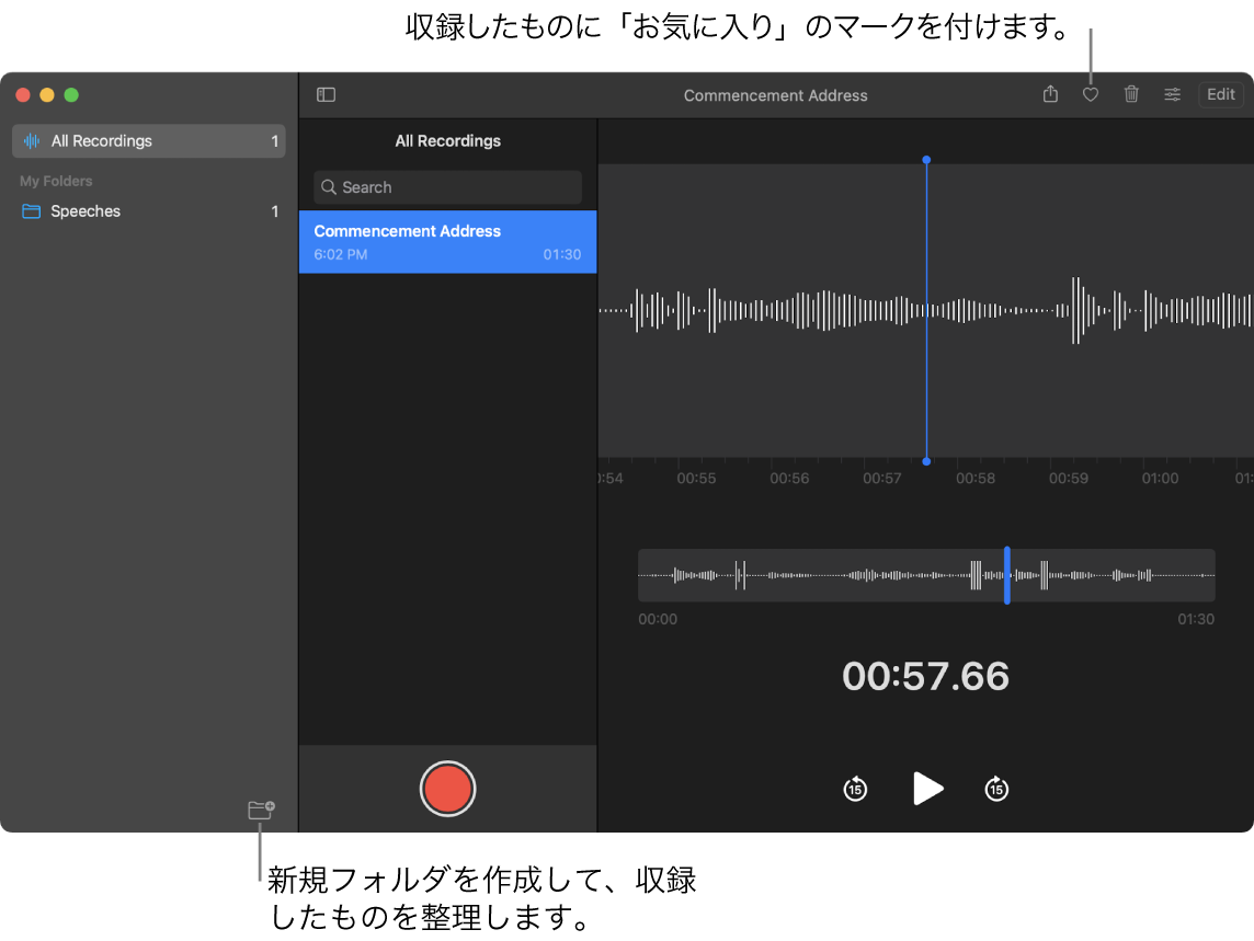 ボイスメモウインドウ。新規フォルダの作成方法や、録音をよく使う項目としてマークする方法が示されています。