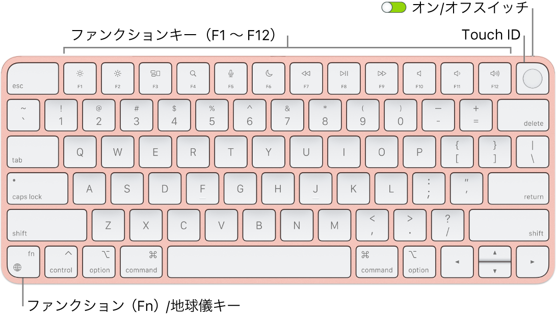 Touch ID付きMagic Keyboard。1列に並んだファンクションキー、上部にTouch ID、左下隅にファンクション（Fn）/地球儀キーが示されています。