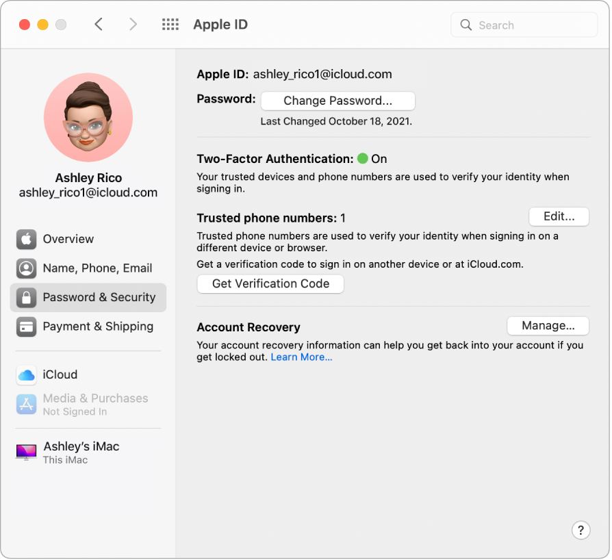 „Apple ID“ dalis „Password and Security“ skiltyje „System Preferences“. Spustelėkite „Manage“, kad nustatytumėte „Account Recovery“.